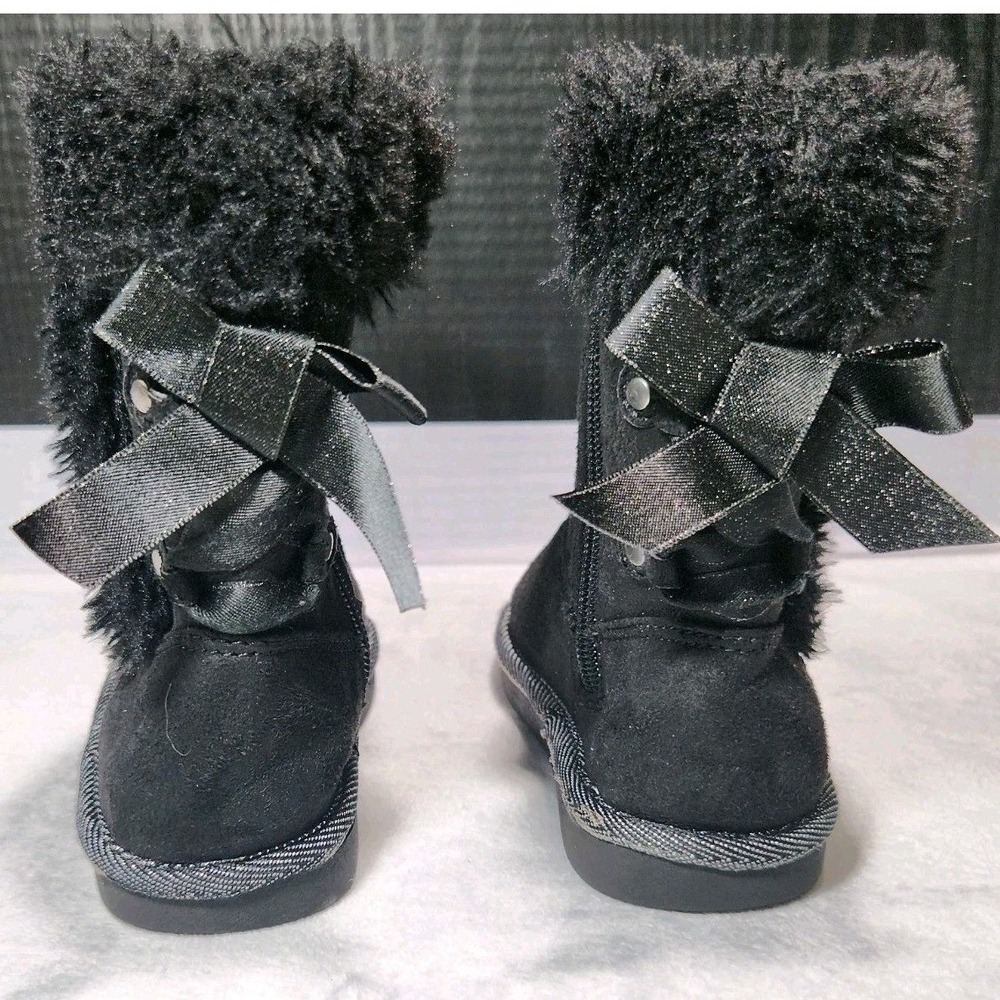 Black Faux Fur Shimmer Bow Winter Boots Toddler Size 8